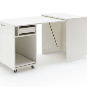 An extended sewing table with drawers and wheels
